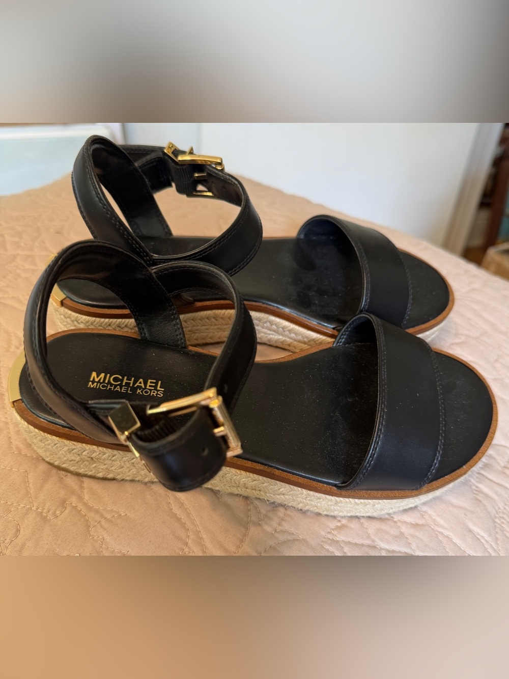 Michael Kors Black Leather Espadrille Platform Sandal with Gold Buckle - Picture 2 of 6